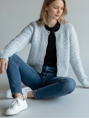 Hollister Y2K Light Blue Cable Knit Cropped Button Cottage Cardigan Size XS